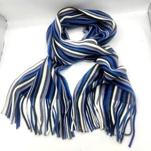 Pierre Cardin Vintage Stretch Blue Grey Brown White Stripe Crochet Fringed Scarf